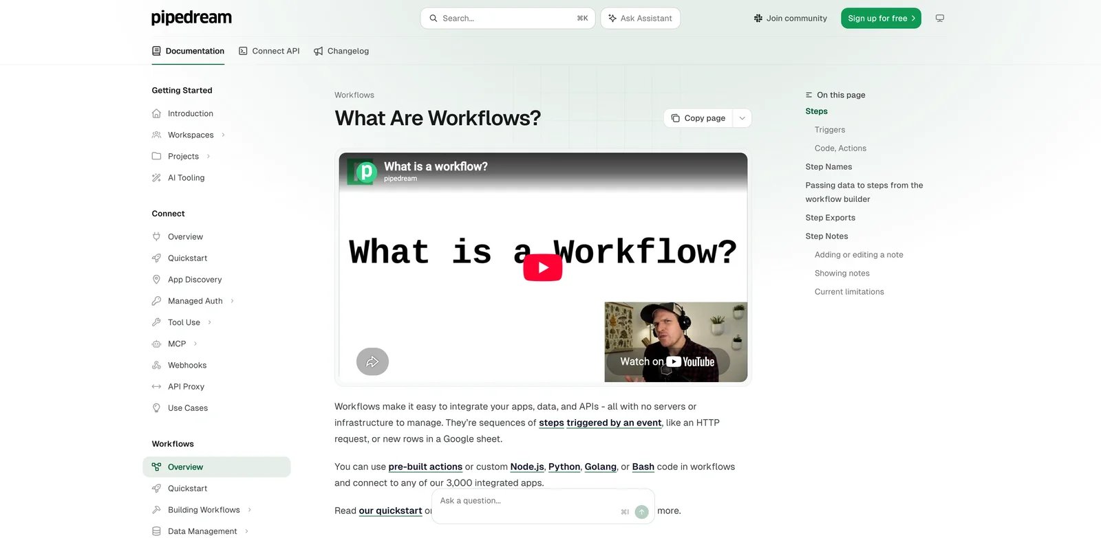 Pipedream interface showing a workflow with serverless Node and Python code steps, API actions, and execution logs