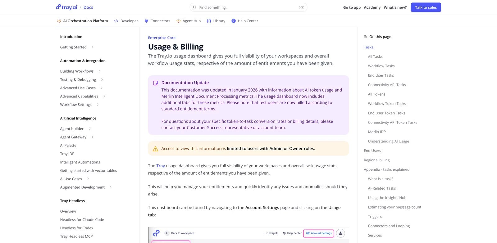 Tray.ai interface showing an enterprise workflow builder with AI orchestration, task usage, and integration governance