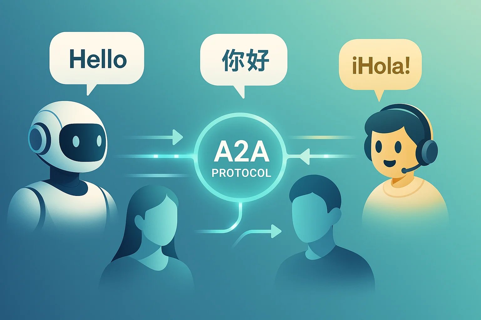 Illustration showing A2A protocol connecting different AI agents speaking different languages