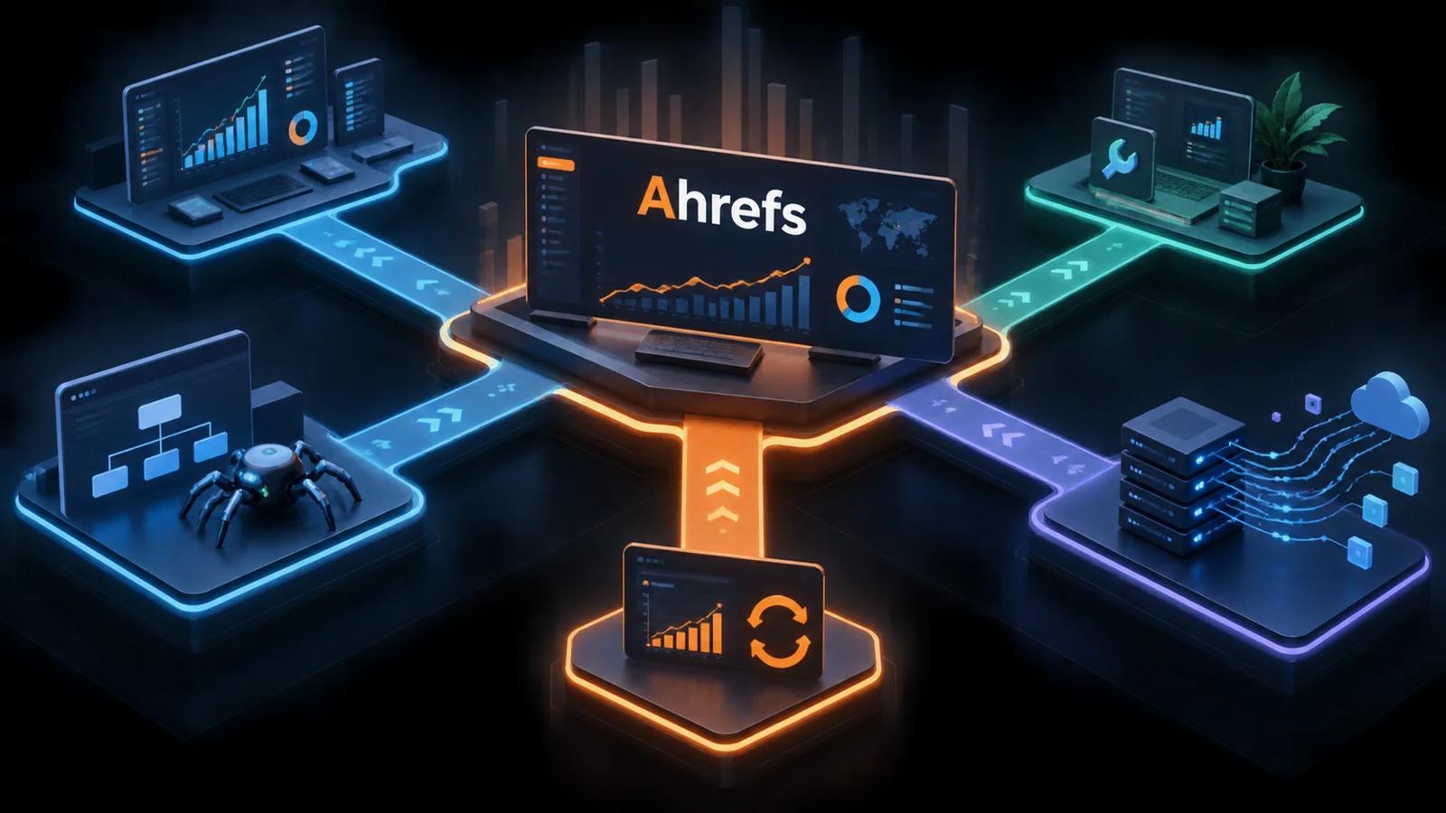 Ahrefs analytics console at a junction leading to several distinct SEO replacement workflows