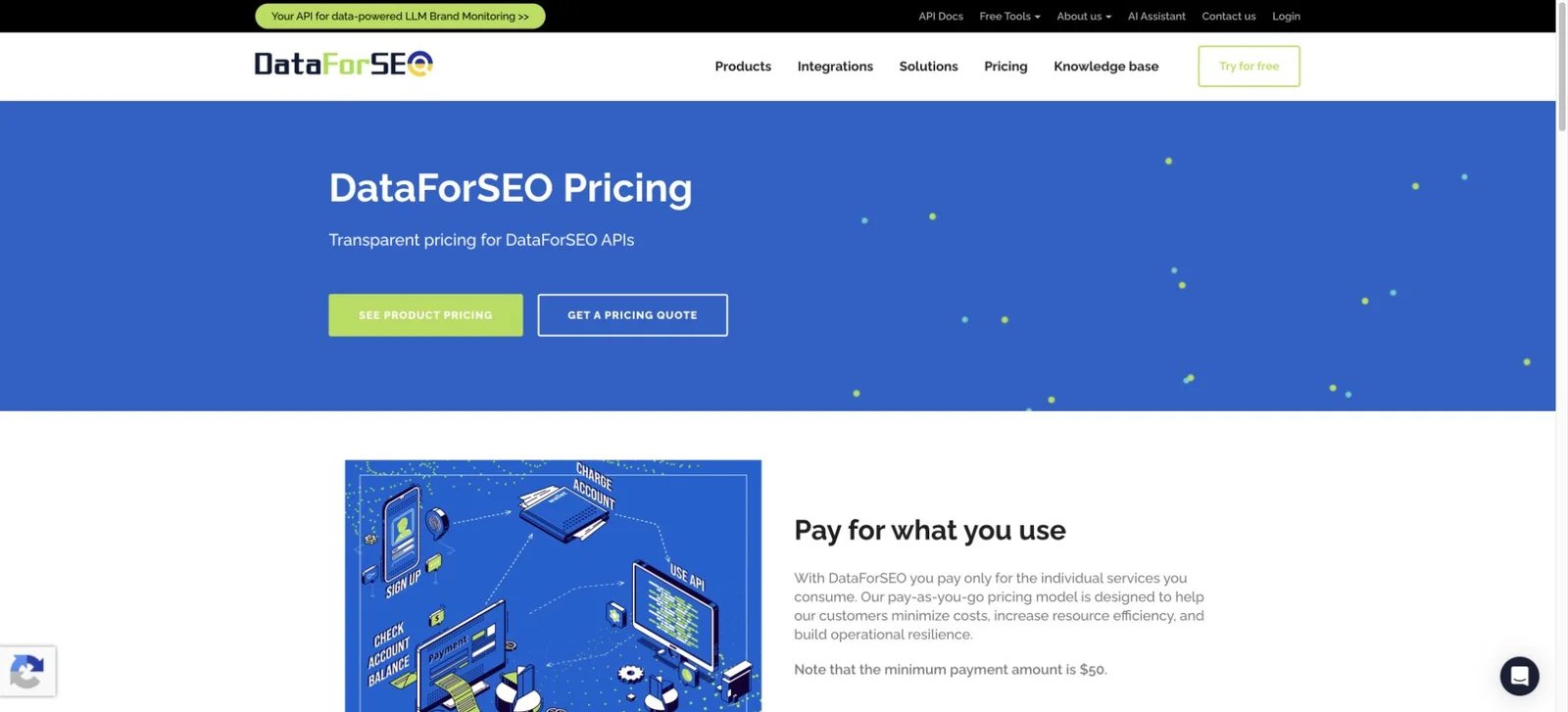 DataForSEO pricing surface explaining pay-as-you-go API billing and the minimum account payment