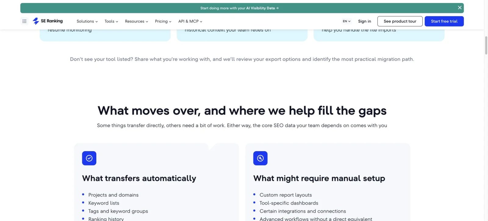 SE Ranking migration page separating automatically transferred project and rank data from dashboards and workflows that require manual setup