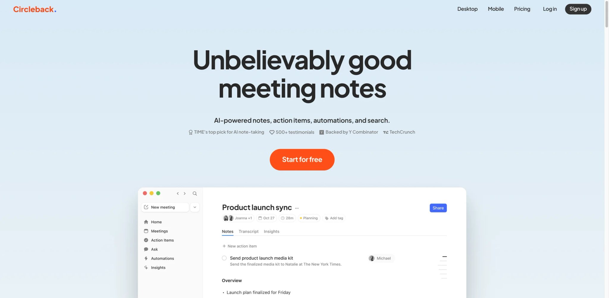 Circleback interface showing structured meeting notes and action items