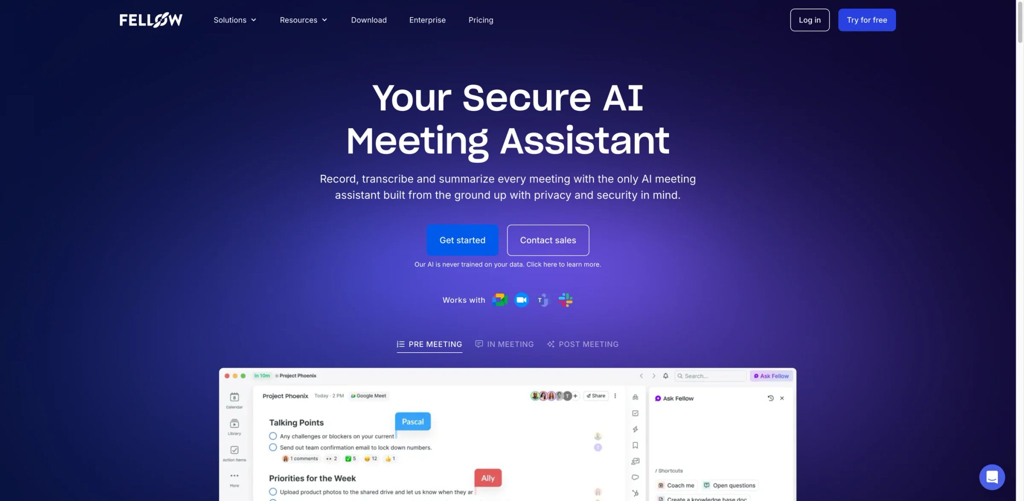 Fellow interface showing meeting agenda alongside AI notes