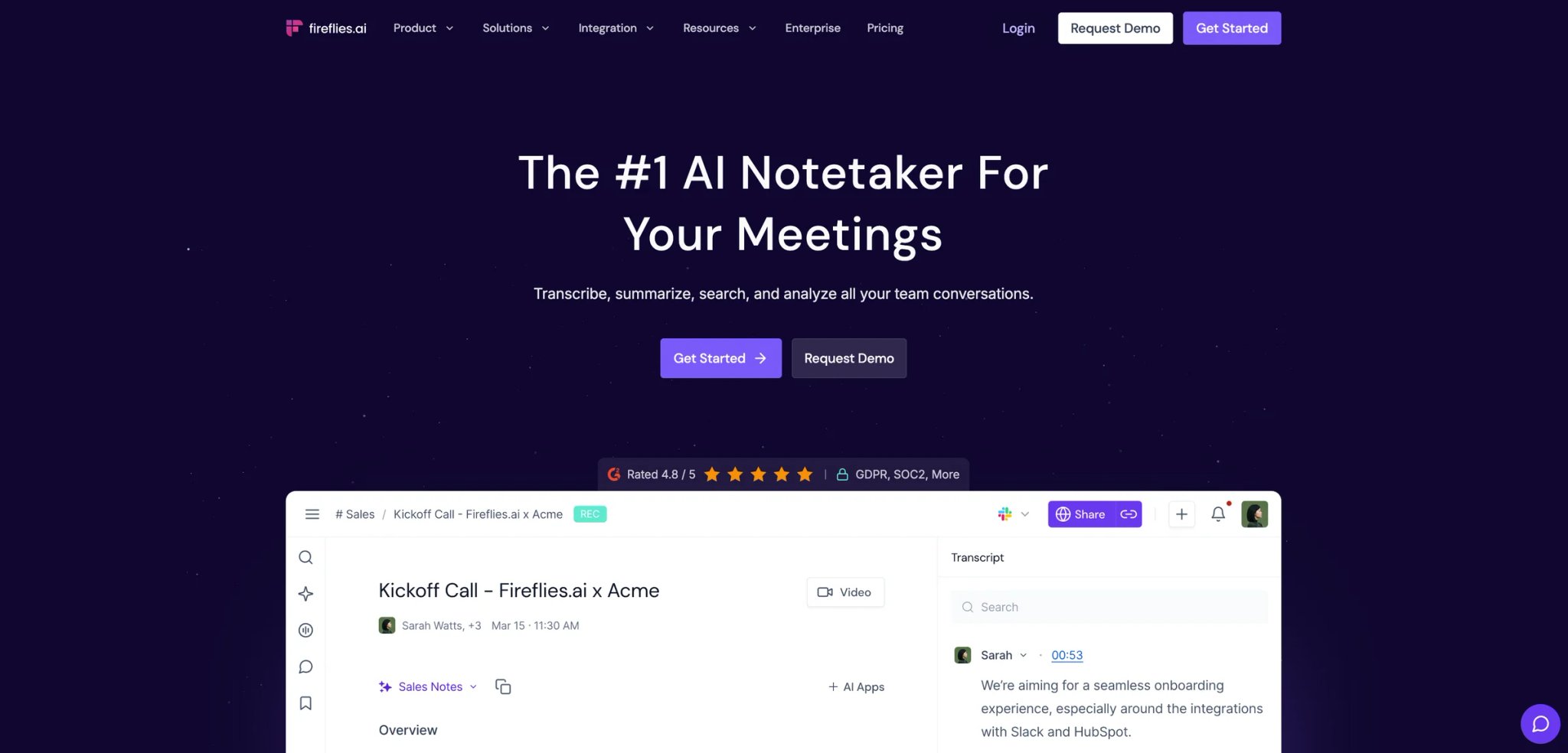 Fireflies.ai interface showing conversation analytics and transcript