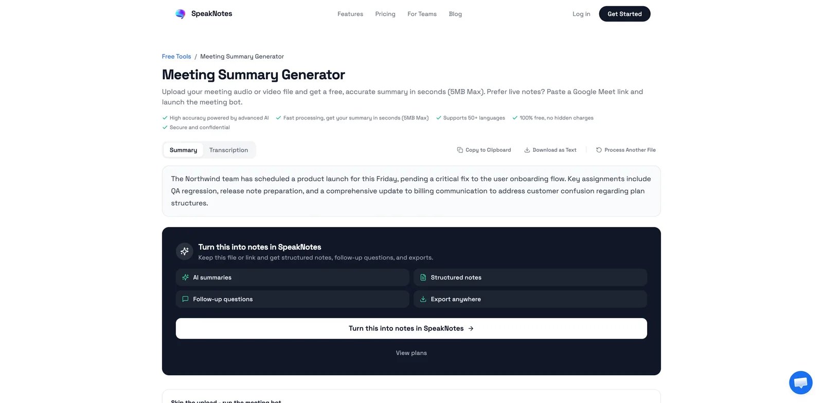 SpeakNotes Meeting Summary Generator showing an AI summary of an uploaded test recording, with Summary and Transcription tabs
