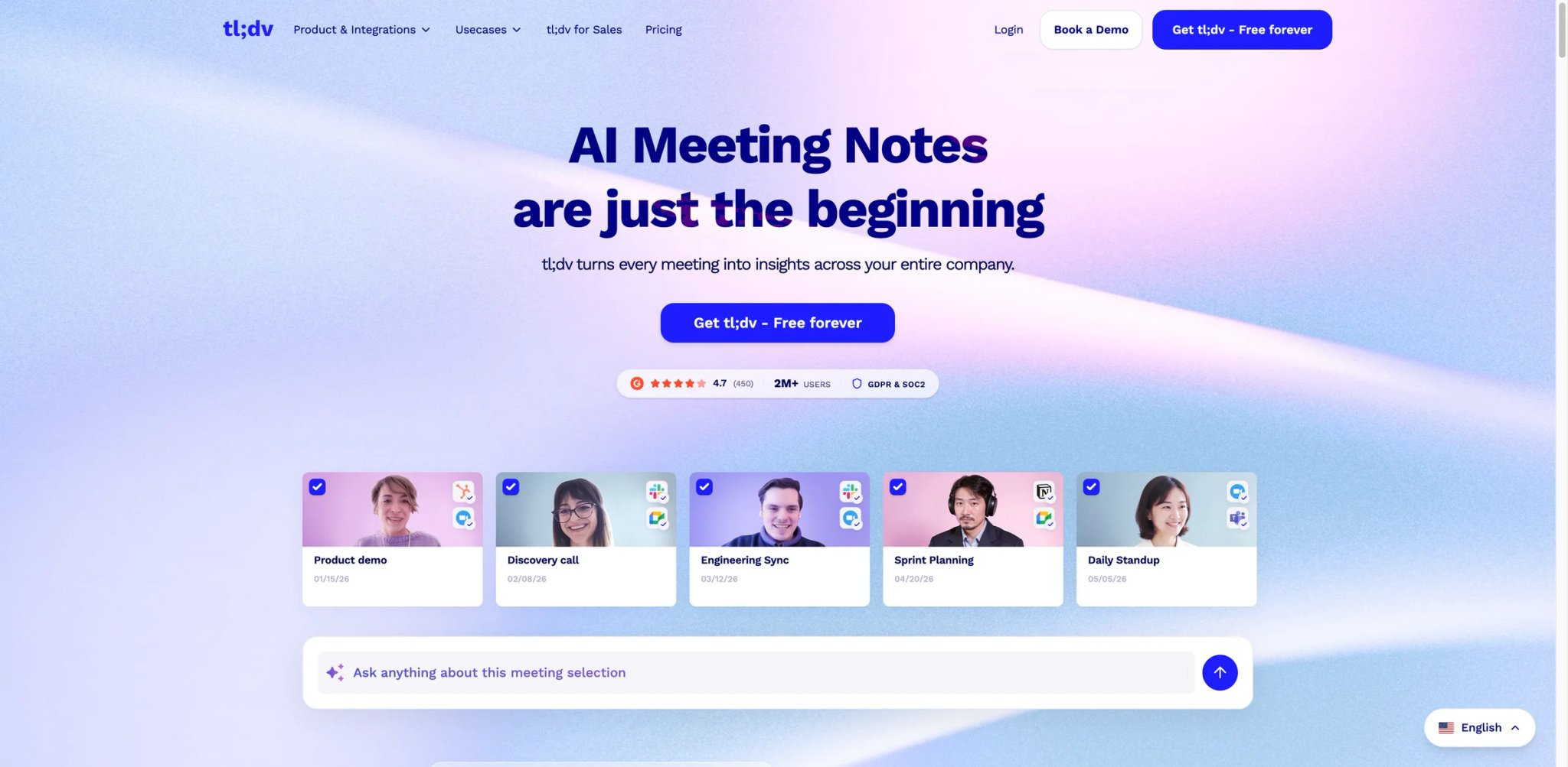 tl;dv interface showing meeting highlights and cross-meeting AI reports