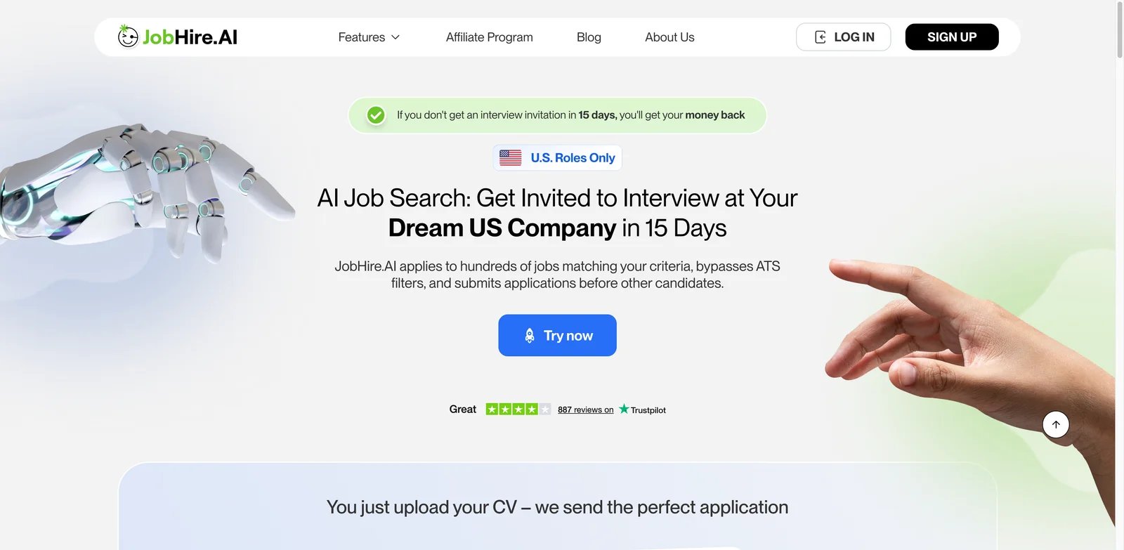 JobHire.ai interface showing AI job application service workflow