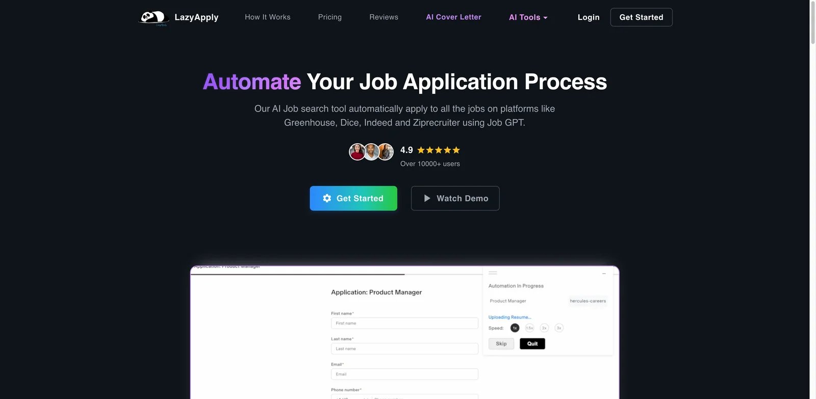LazyApply interface showing automated job application workflow