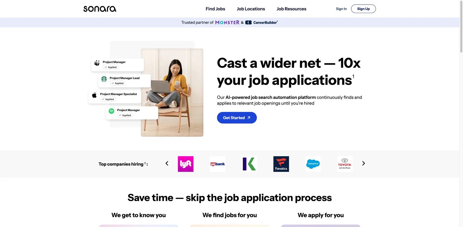 Sonara interface showing assisted job search workflow