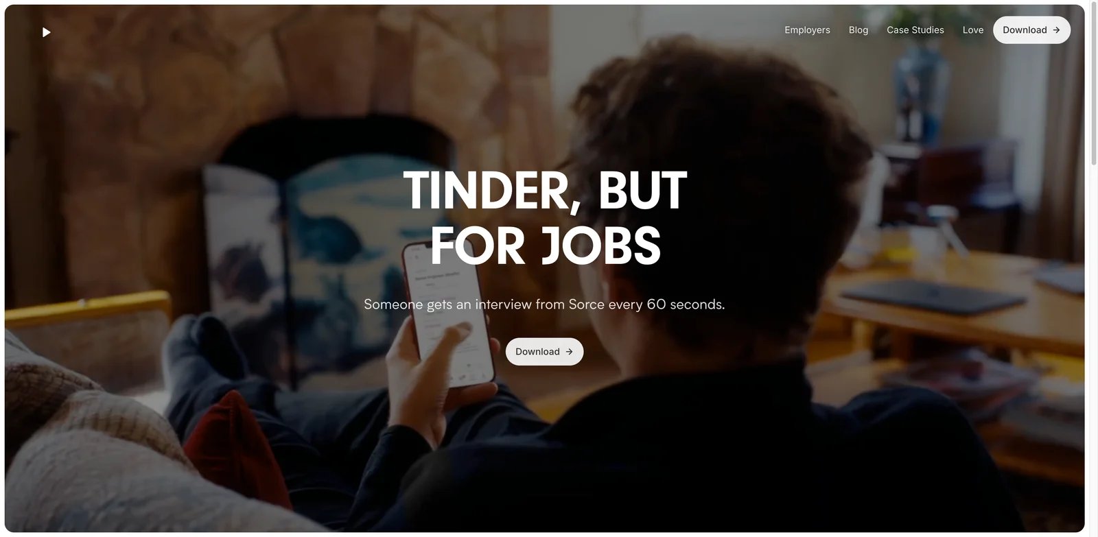 Sorce interface showing swipe and approve job search workflow