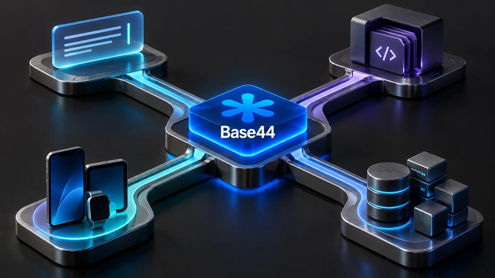 A Base44 app branching into prompt-led, repository-first, mobile, and self-managed replacement routes