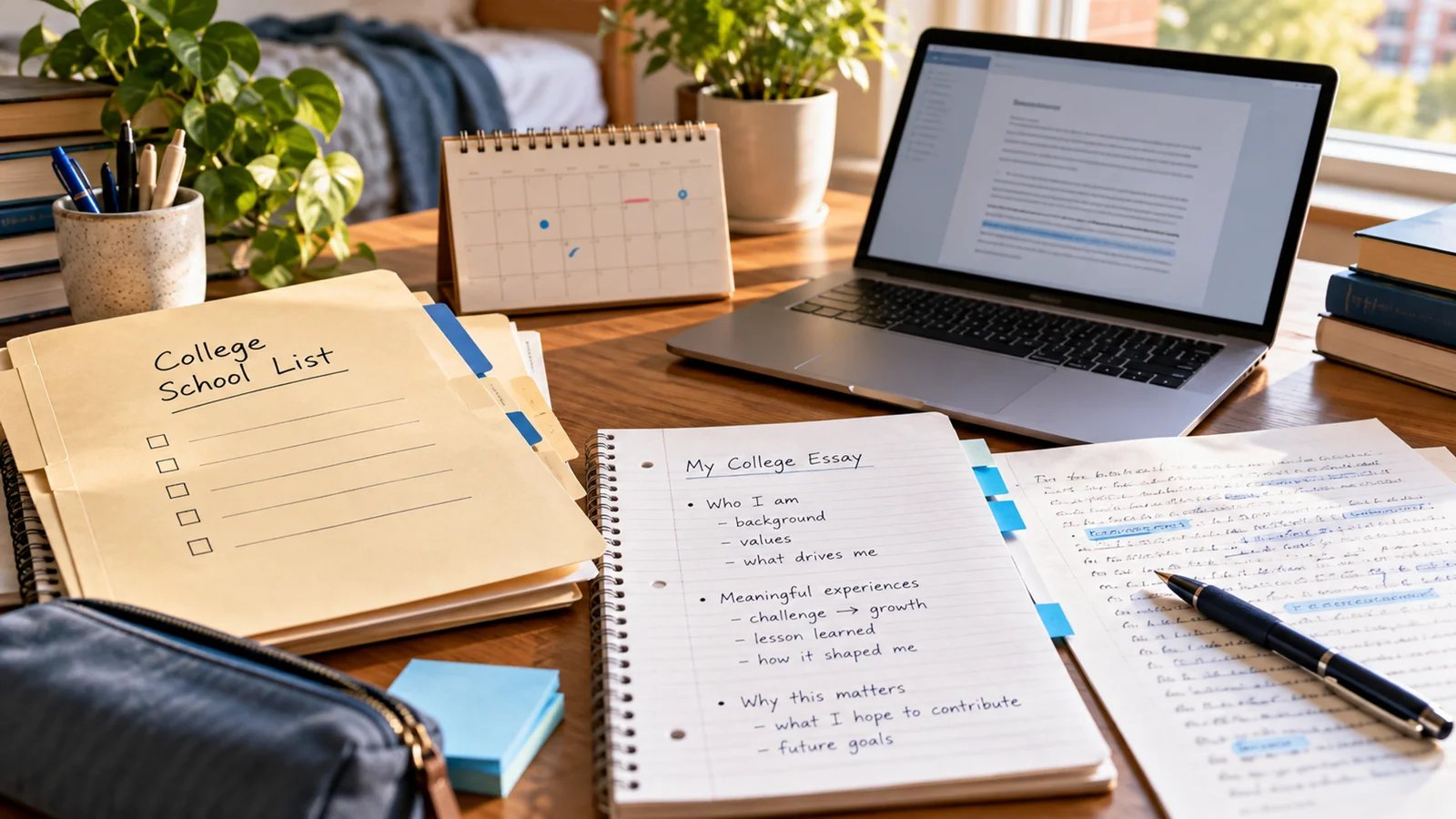 College application planning workspace with a school shortlist, deadline calendar and a student's handwritten essay draft