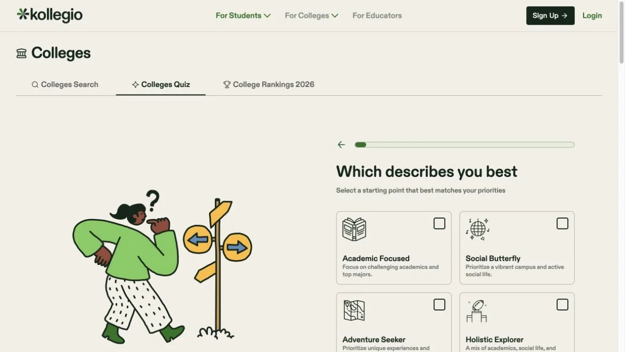 Kollegio's public college quiz showing four starting priorities before any answer is selected