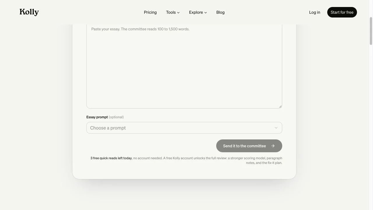 Kolly's actual public essay-review form with an empty draft, prompt selector and free quick-read allowance