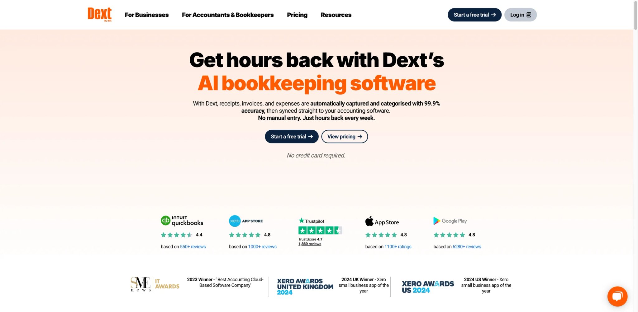 Dext interface showing AI receipt capture and document processing