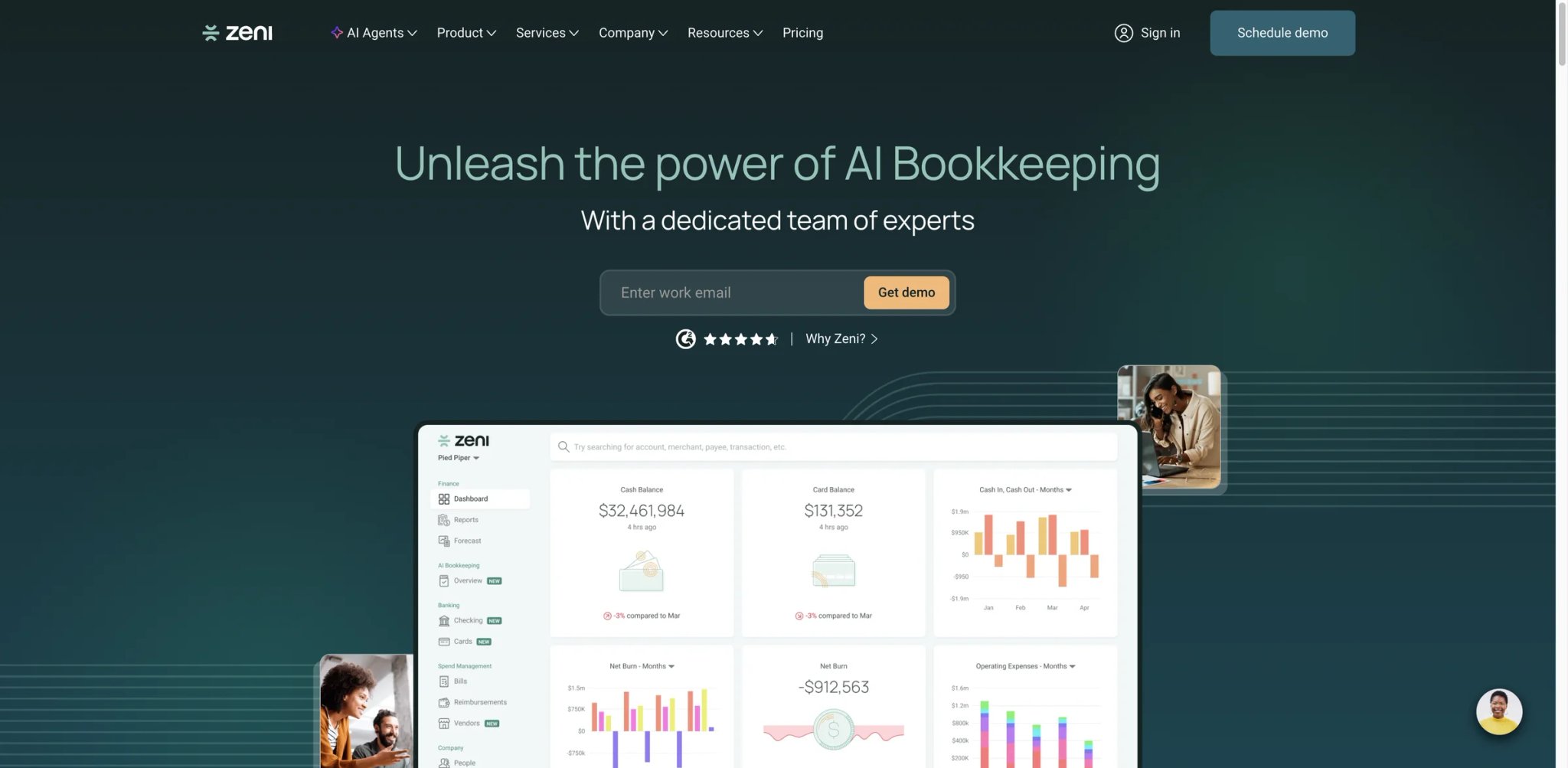 Zeni interface showing AI bookkeeping dashboard and financial insights
