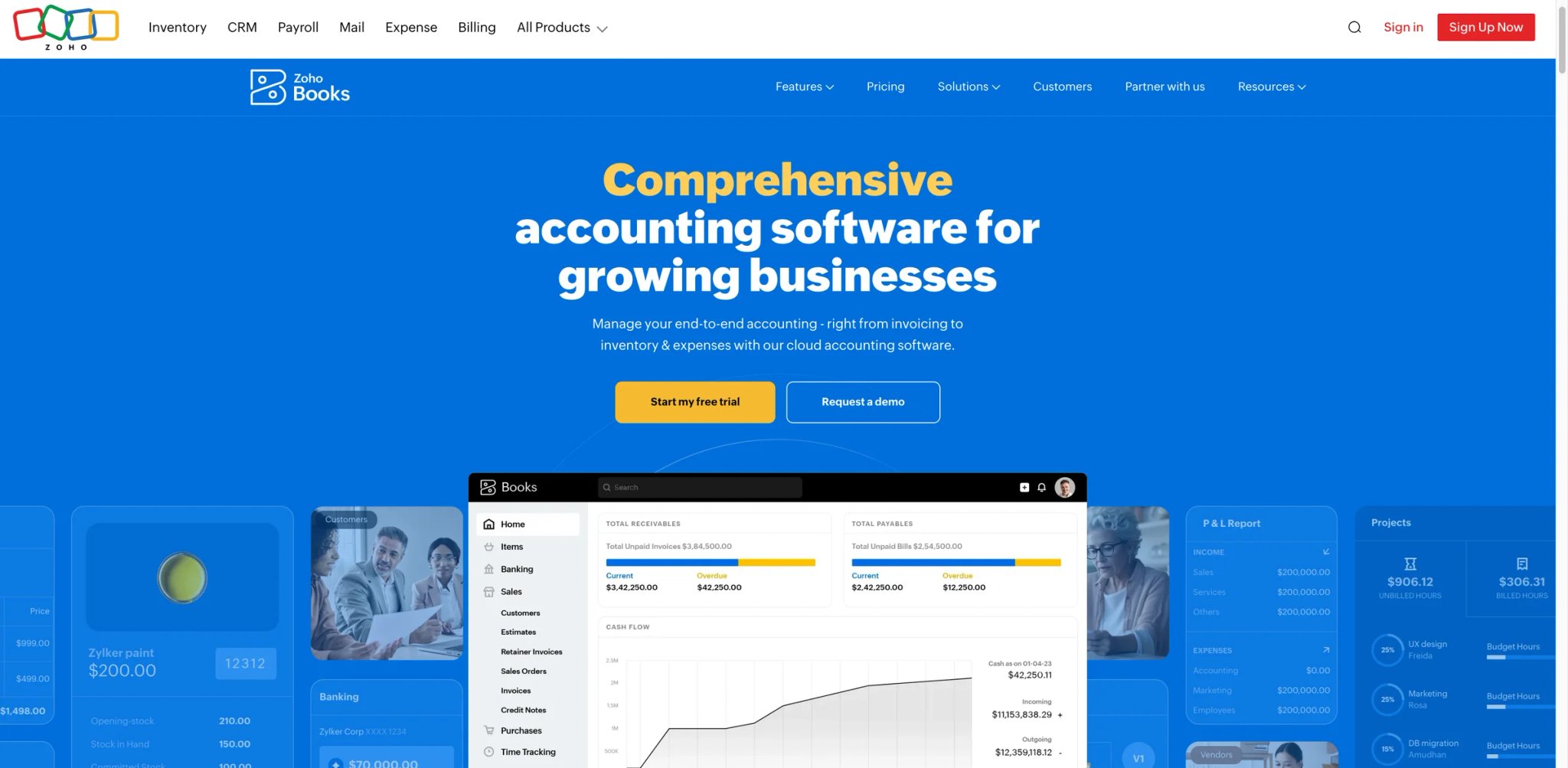 Zoho Books interface showing Zia AI assistant and accounting dashboard