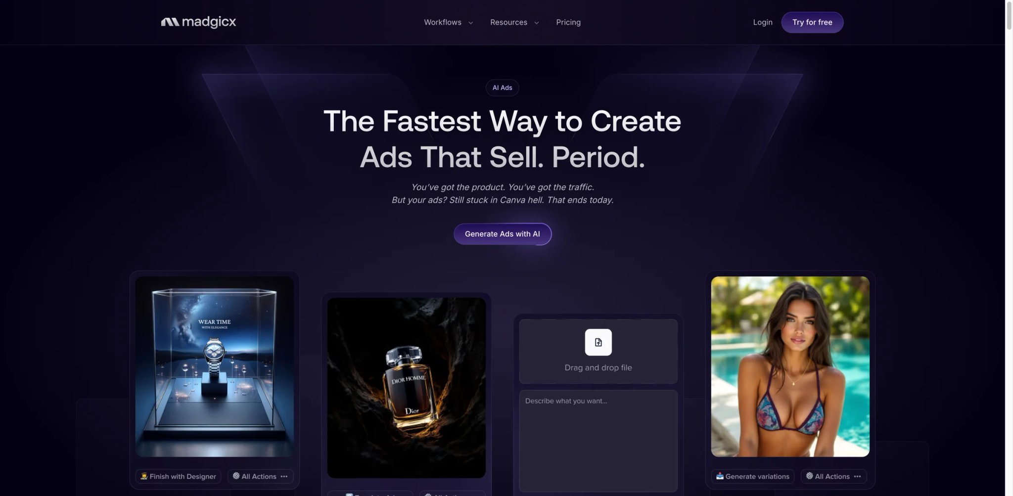 Madgicx interface showing creative generation and ad optimization