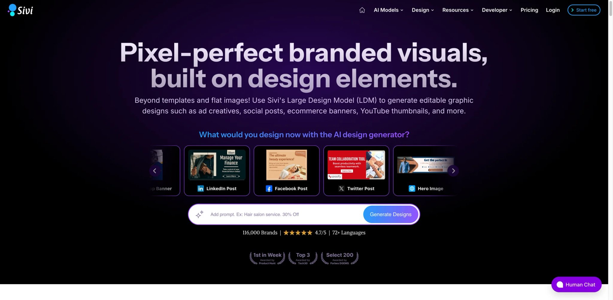 Sivi interface showing template-free AI design generation