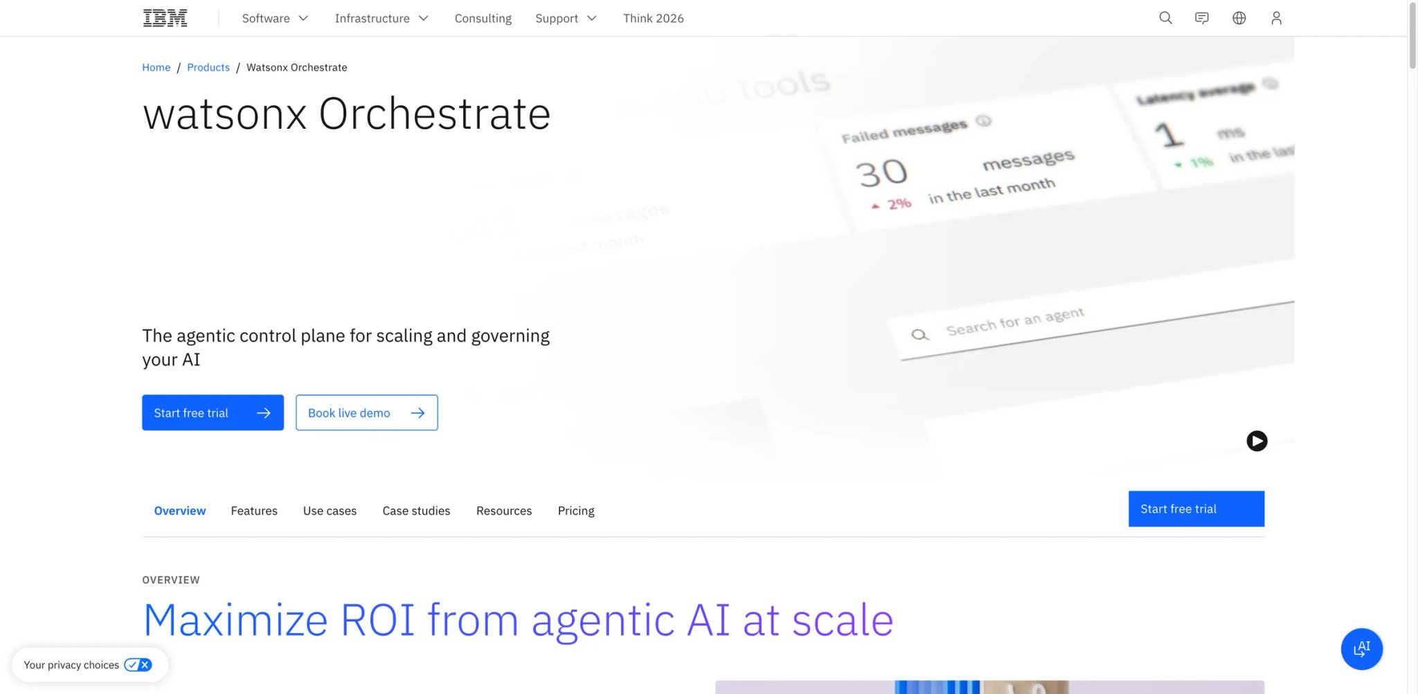 IBM watsonx Orchestrate interface showing multi-agent orchestration with enterprise connectors