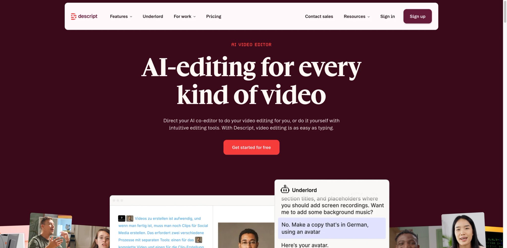 Descript interface showing text-based video editing