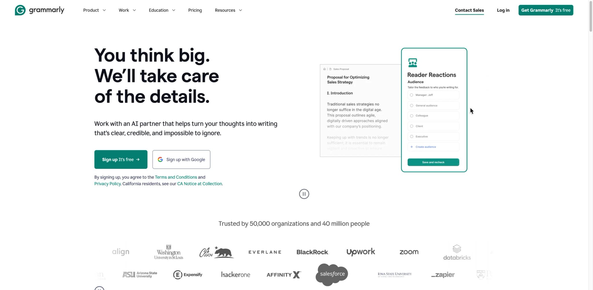 Grammarly interface showing writing assistance features