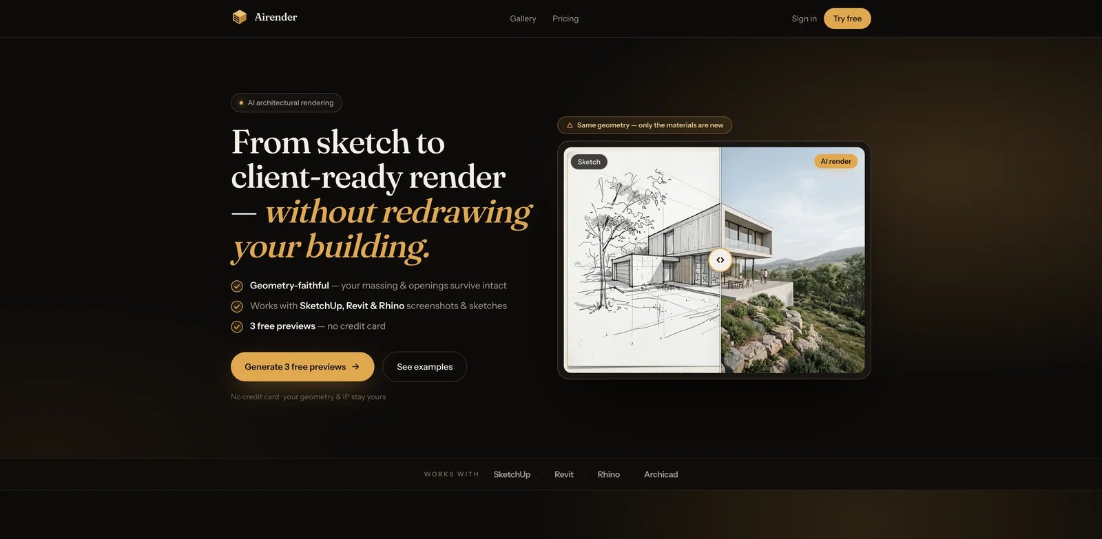 Airender interface showing AI architectural rendering workflow