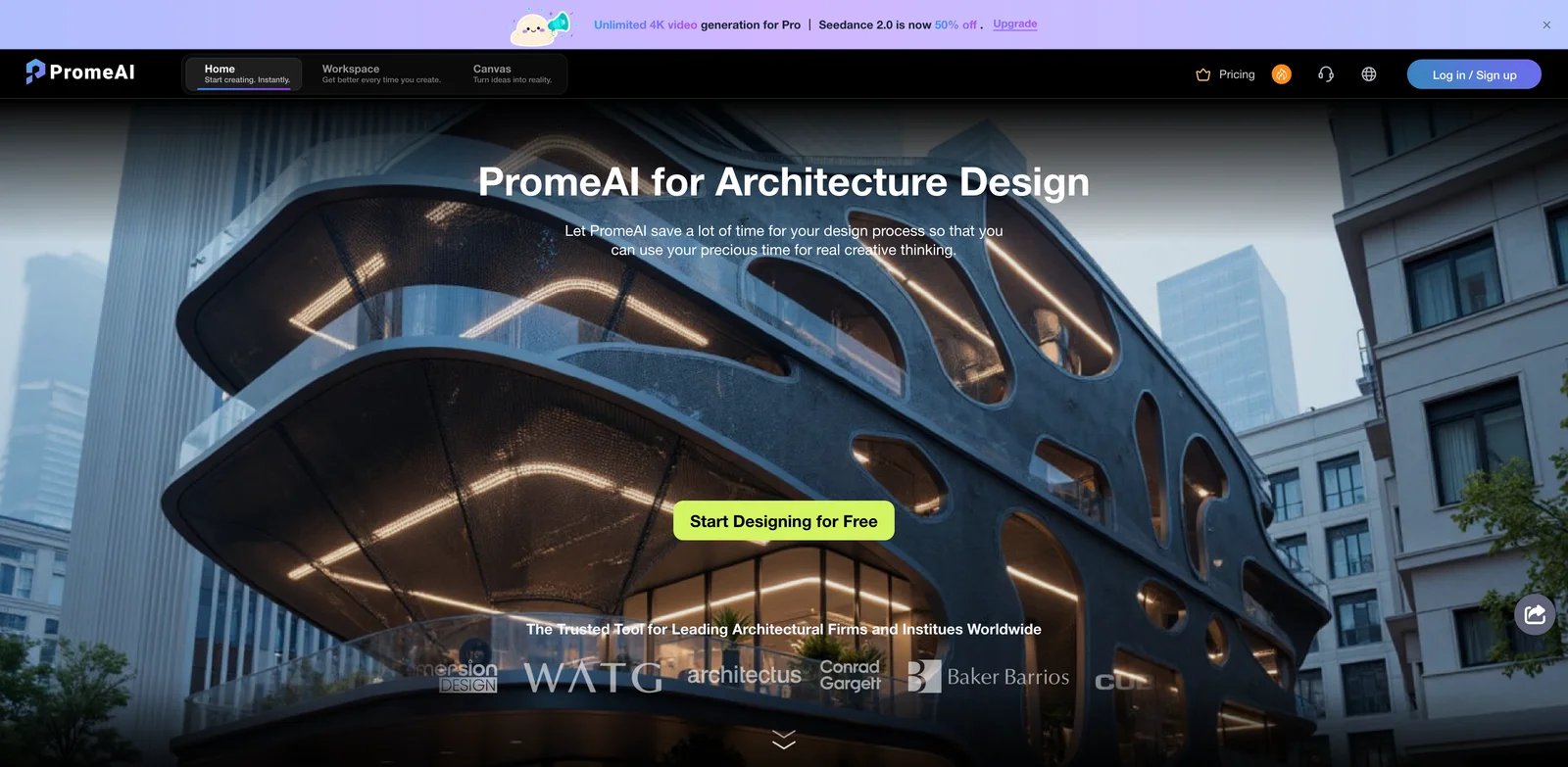 PromeAI interface showing architecture sketch rendering