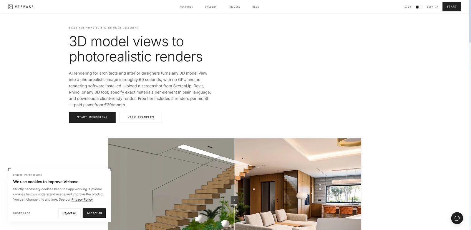 VizBase interface showing AI rendering for architects