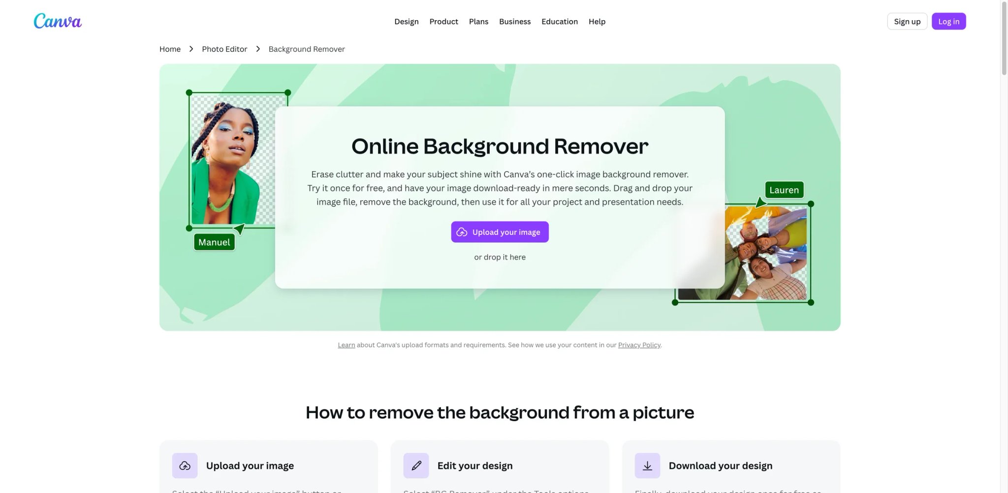 Canva Background Remover interface showing one-click background removal within the design editor