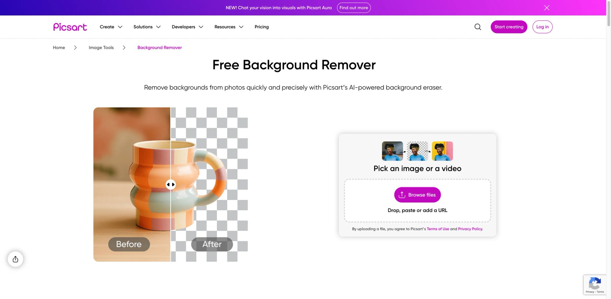 Picsart Background Remover interface showing mobile and web editing with background replacement options