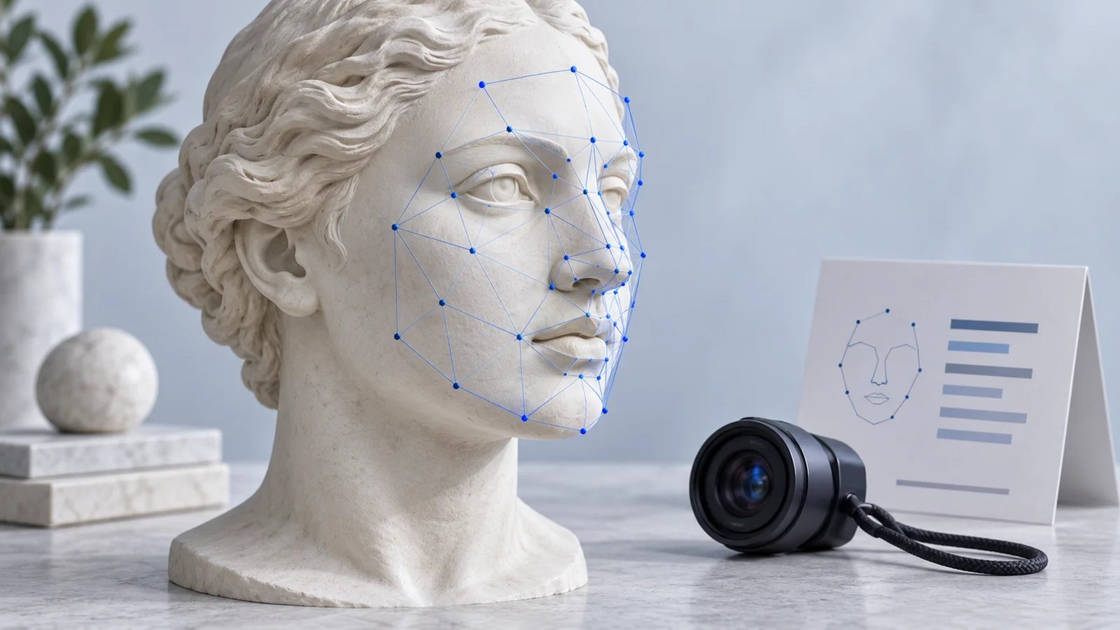 A sculptural facial study with blue landmarks beside a camera and an unscored report