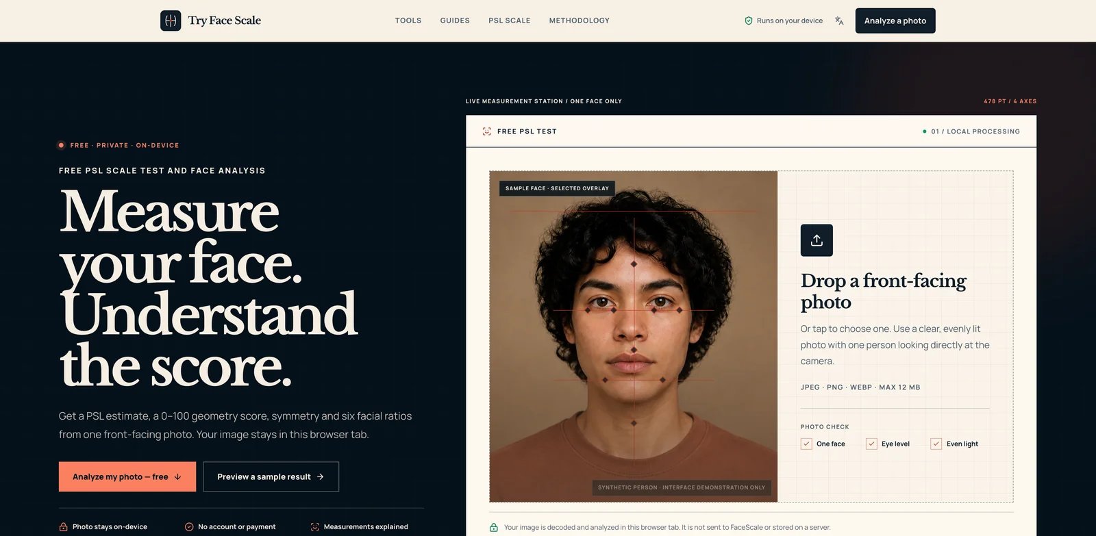 Try Face Scale public calculator with its photo controls and separate scoring explanation