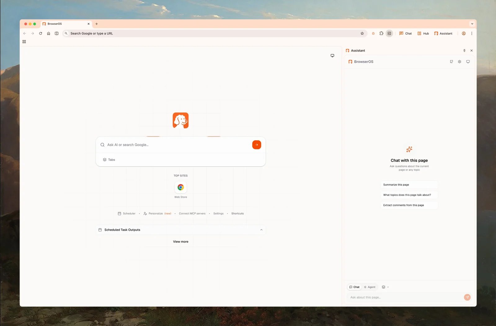Original BrowserOS interface showing the browser workspace and built-in AI assistant