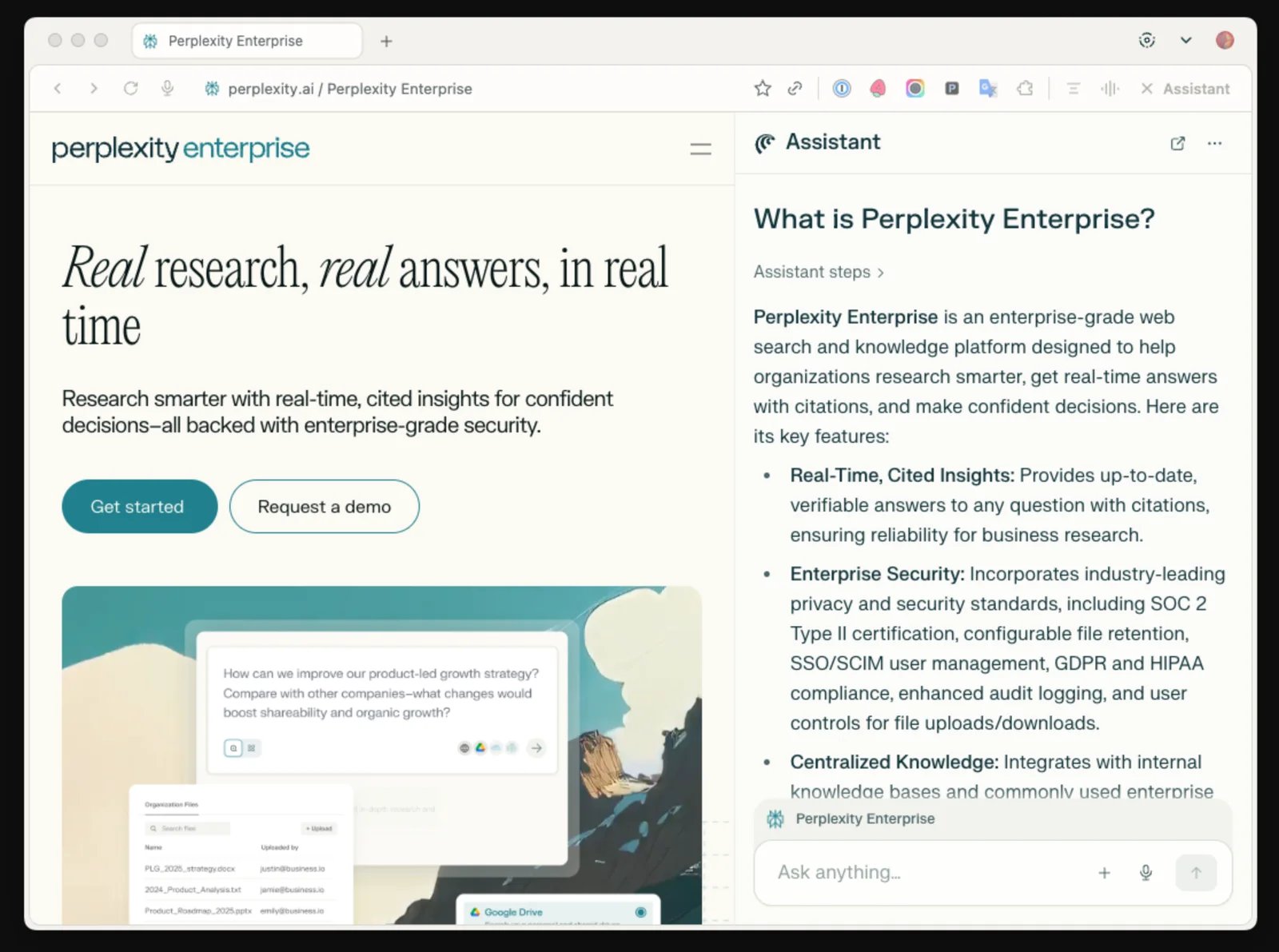 Perplexity browser assistant interface with the assistant open beside a webpage