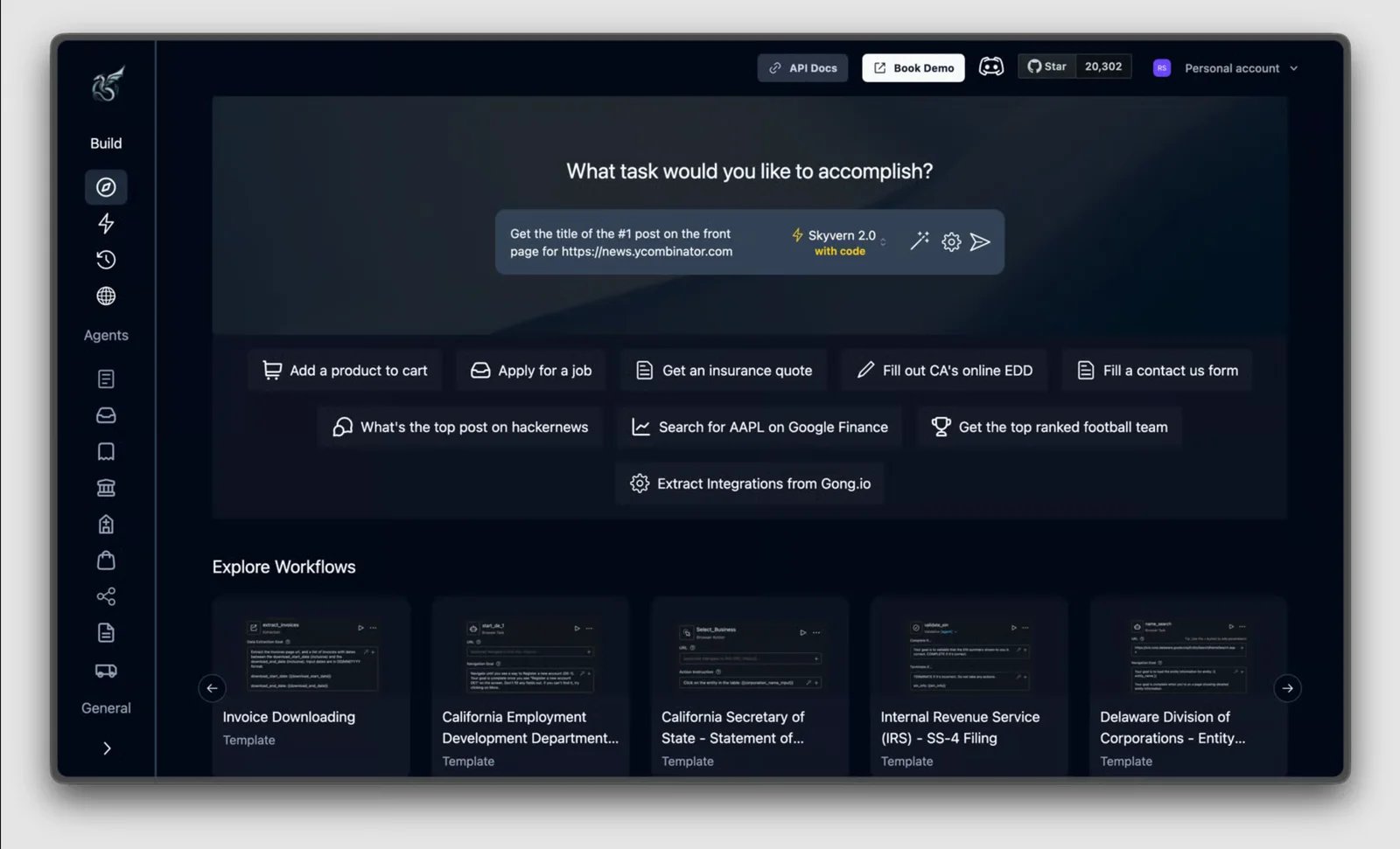 Skyvern Cloud Discover dashboard for starting and monitoring browser automations
