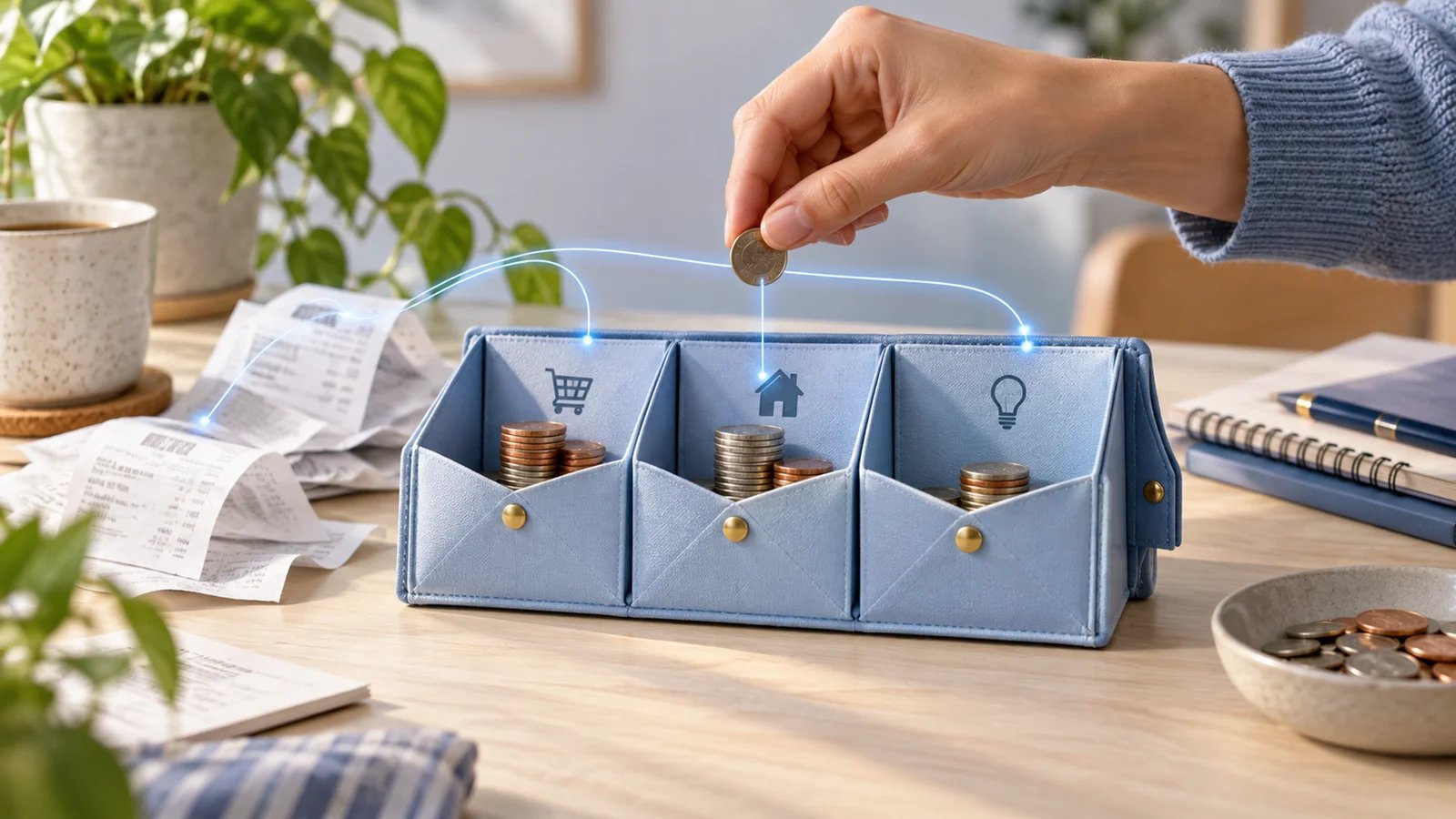 A household budget organizer with separate spending envelopes, coins and receipts