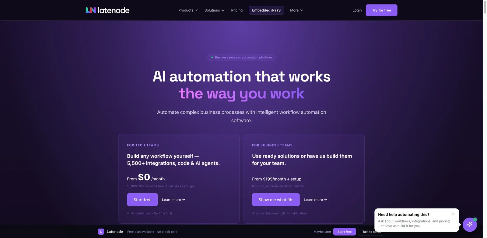 Latenode interface showing visual and JavaScript automation