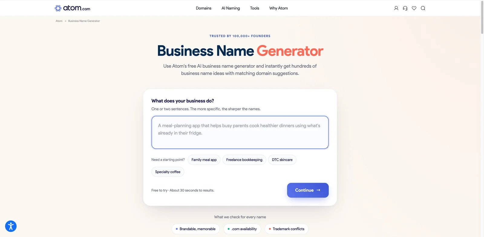 Atom Business Name Generator interface showing AI names and validation services