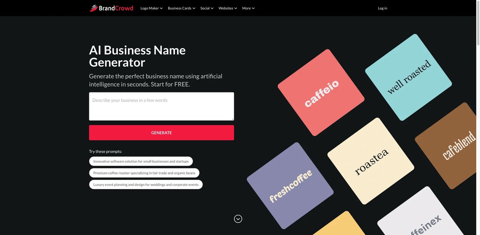 BrandCrowd Business Name Generator interface showing names and logo templates