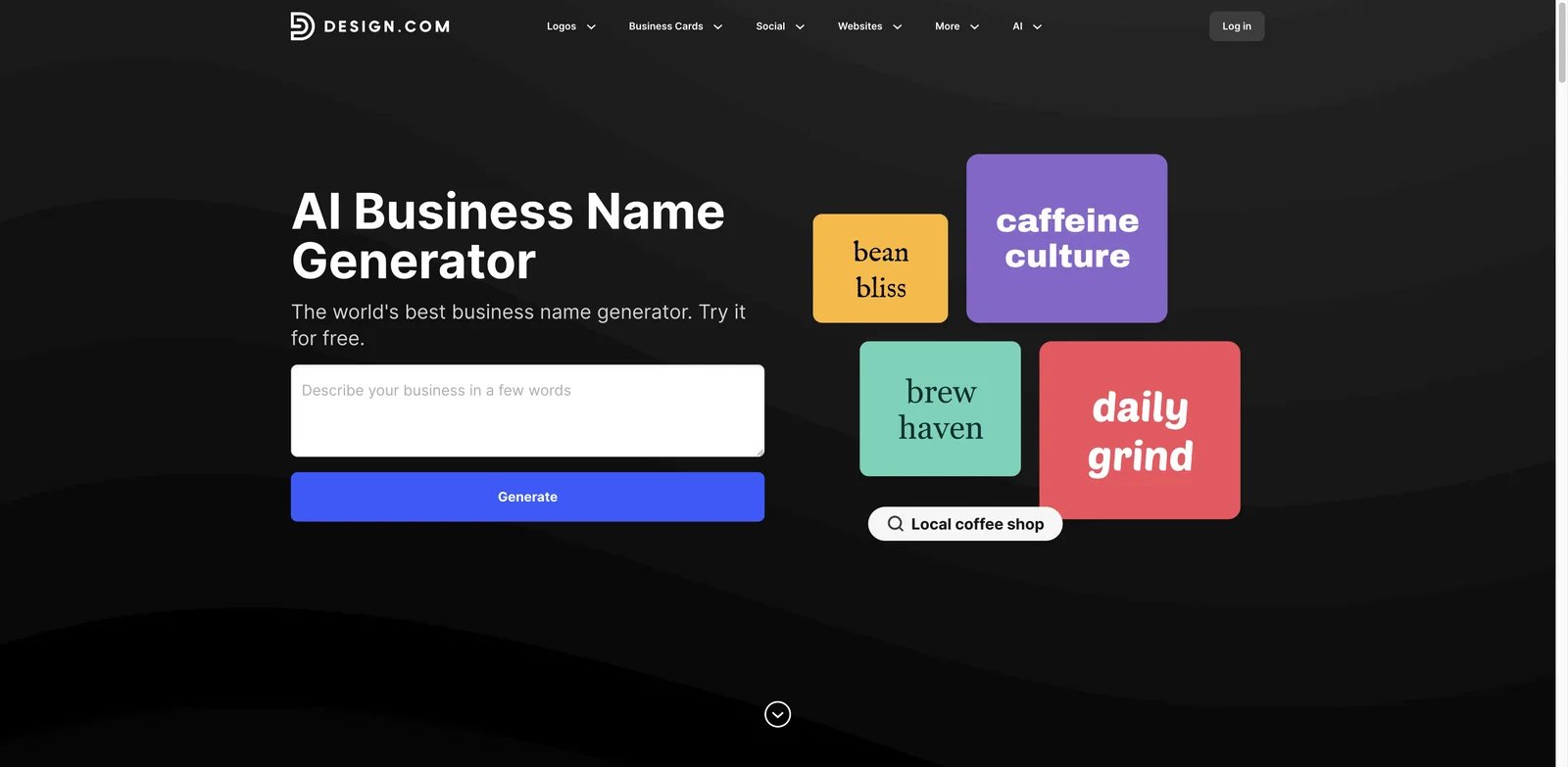 Design.com Business Name Generator interface showing names and logo previews