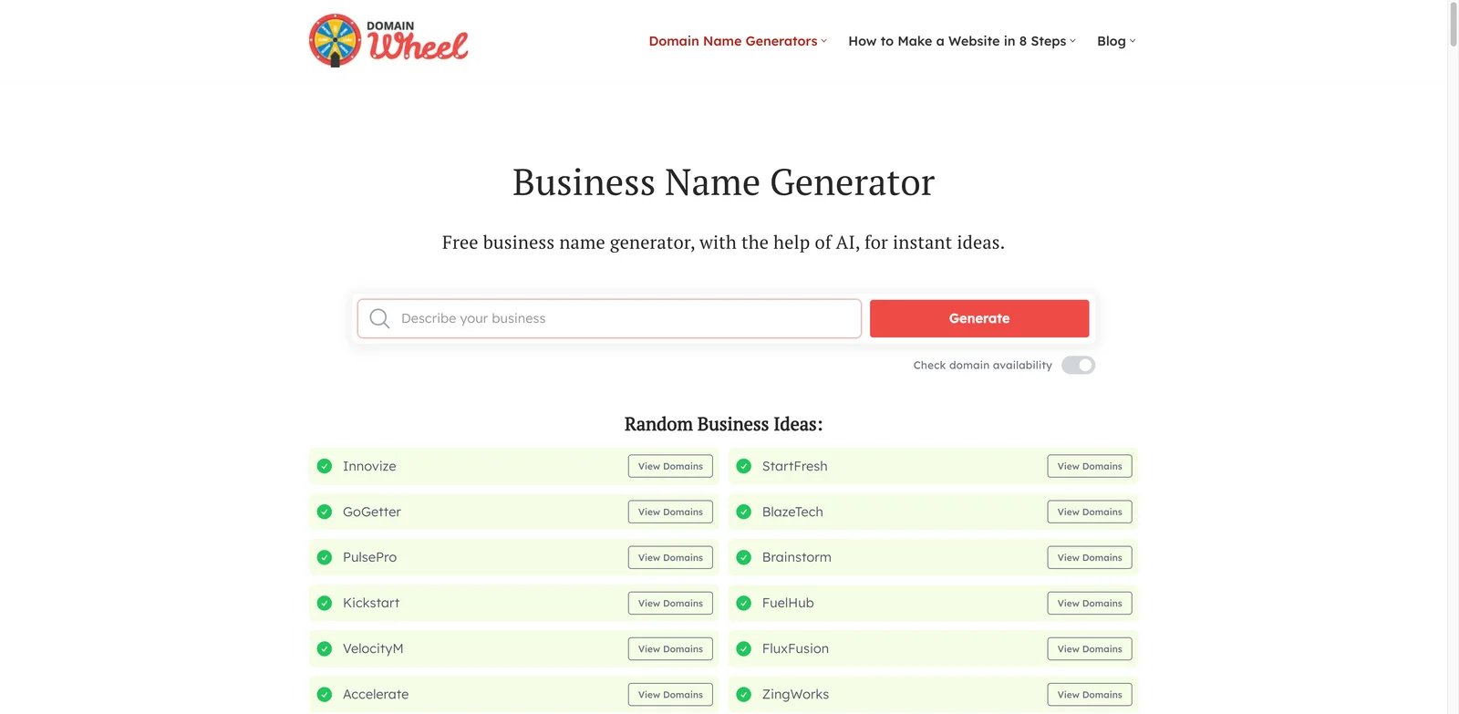 DomainWheel Business Name Generator interface showing domain led name ideas