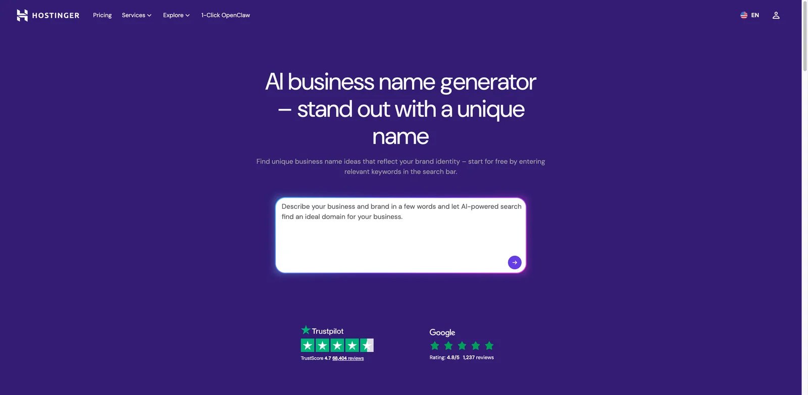 Hostinger AI Business Name Generator interface showing names and domain checks