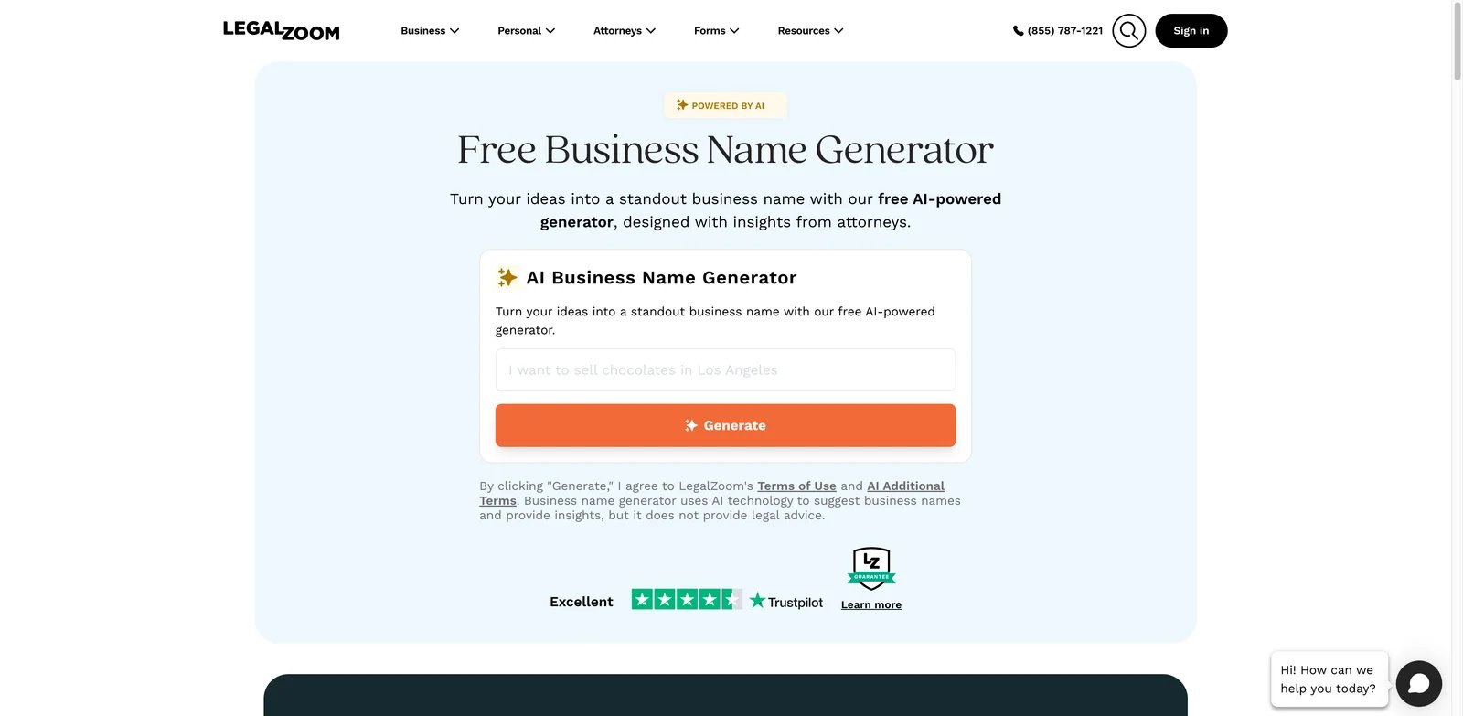 LegalZoom Business Name Generator interface showing business names with formation workflow