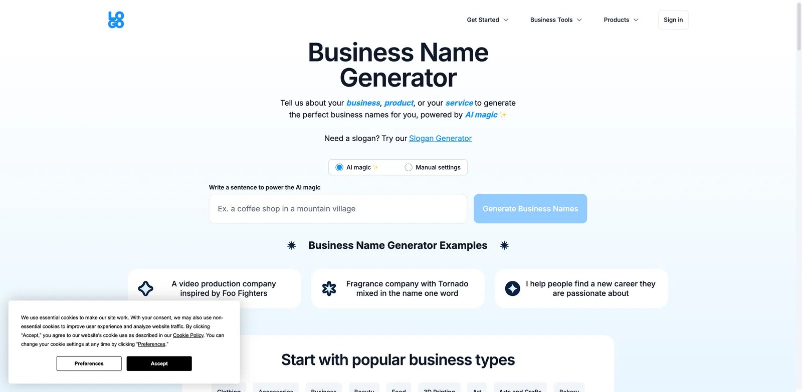 LOGO.com Business Name Generator interface showing names and logo assets