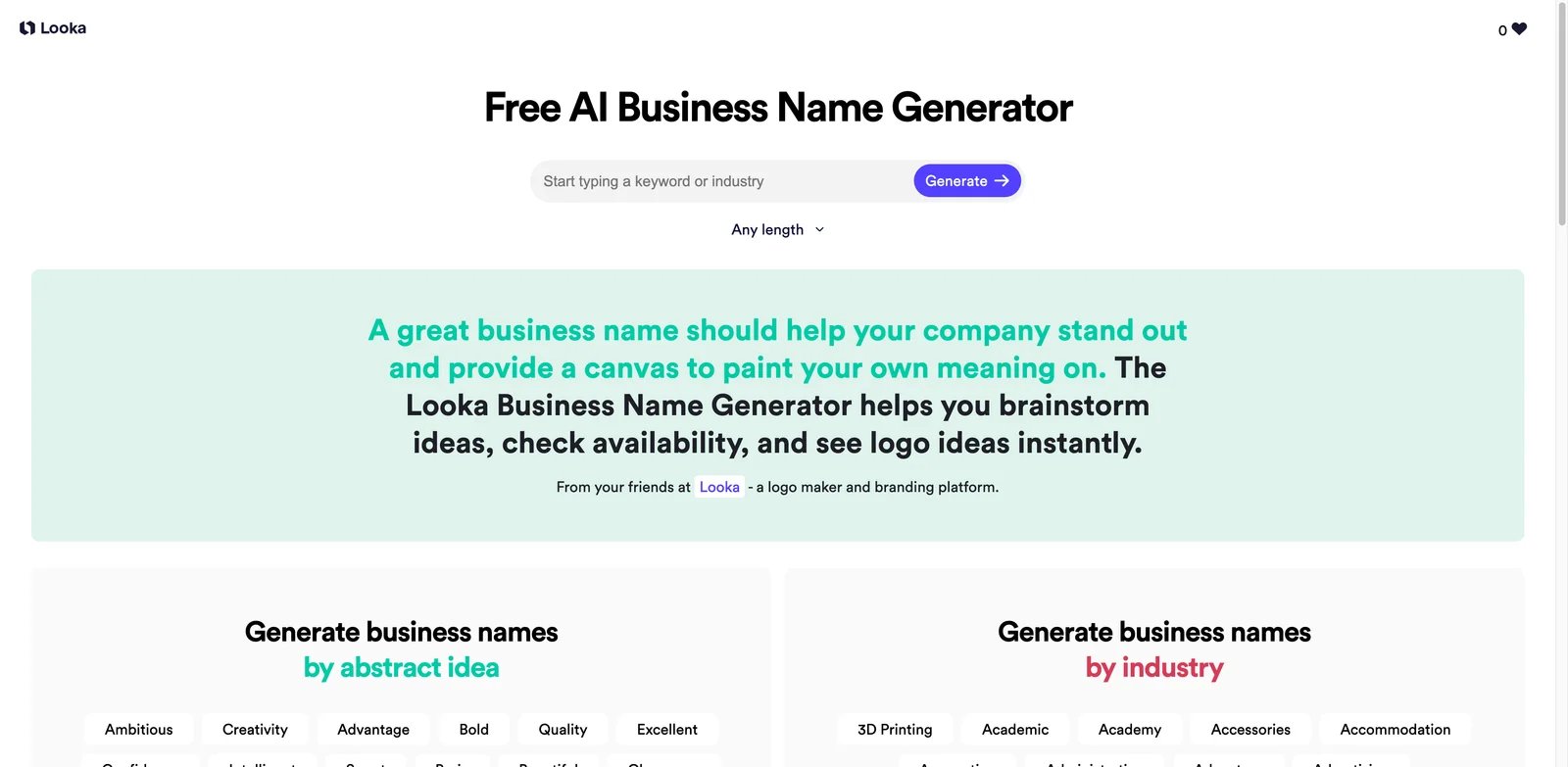 Looka Business Name Generator interface showing names and brand kit flow