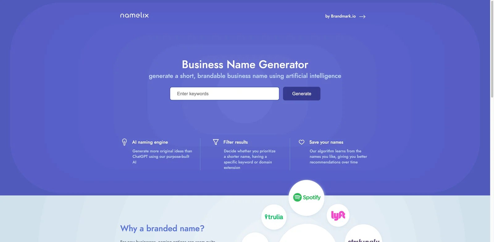 Namelix interface showing AI business name ideas and domain options