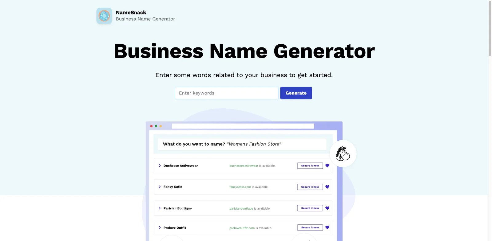 NameSnack interface showing free AI business name generator results