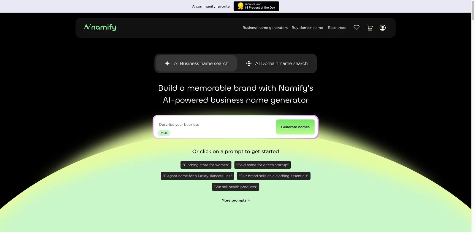 Namify interface showing AI brand names with domain and social availability